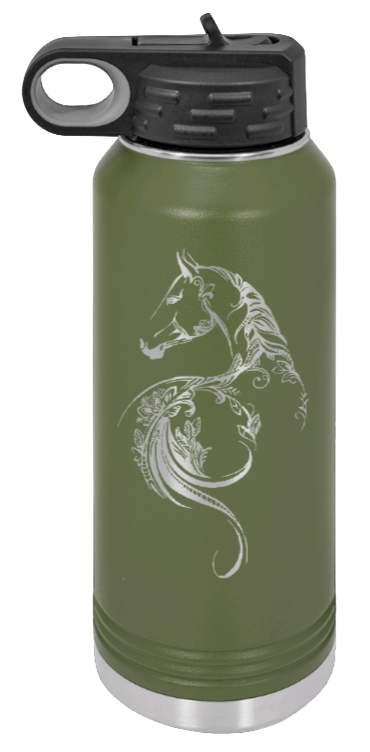 Floral Horse - 32oz Water Bottle Laser Engraved- Olive