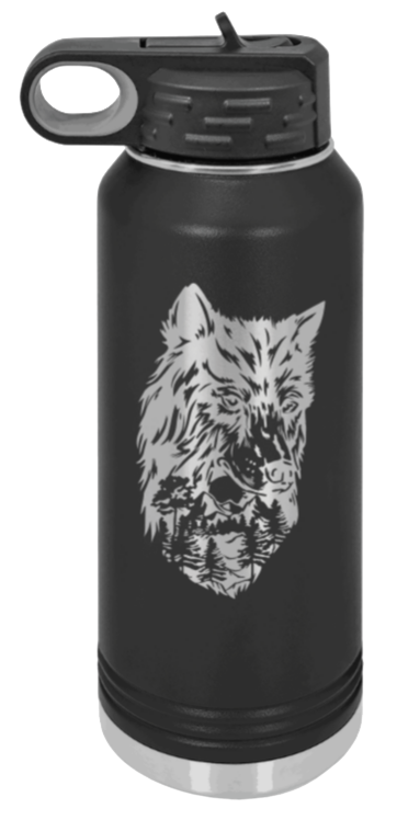 Wolf With Trees - 32oz Water Bottle Laser Engraved- Black