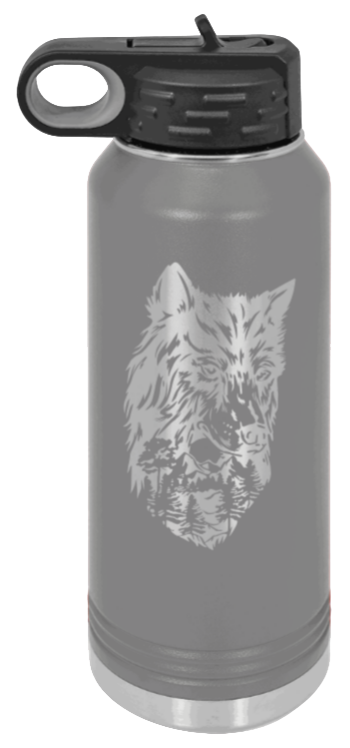 Wolf With Trees - 32oz Water Bottle Laser Engraved- Dark Grey