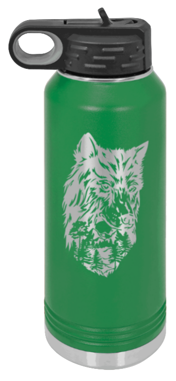 Wolf With Trees - 32oz Water Bottle Laser Engraved- Green
