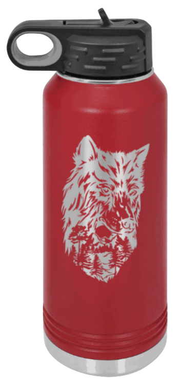 Wolf With Trees - 32oz Water Bottle Laser Engraved- Maroon