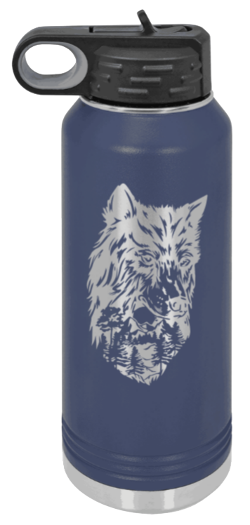 Wolf With Trees - 32oz Water Bottle Laser Engraved- Navy