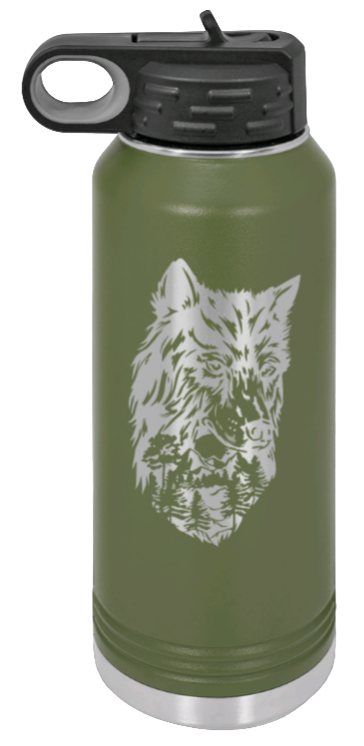 Wolf With Trees - 32oz Water Bottle Laser Engraved- Olive