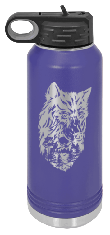 Wolf With Trees - 32oz Water Bottle Laser Engraved- Purple