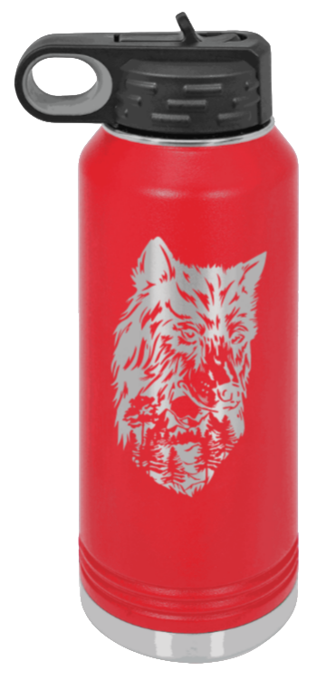 Wolf With Trees - 32oz Water Bottle Laser Engraved- Red