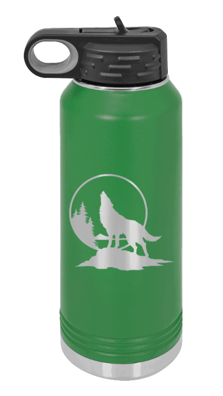 Wolf - 32oz Water Bottle Laser Engraved- Green