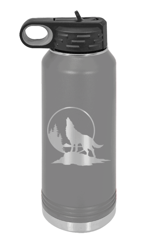Wolf - 32oz Water Bottle Laser Engraved- Dark Grey