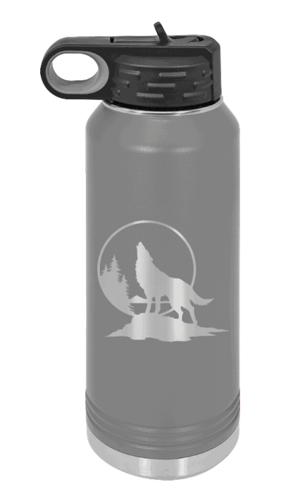 Wolf - 32oz Water Bottle Laser Engraved- Dark Grey