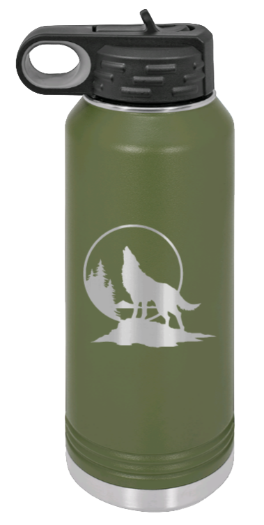 Wolf - 32oz Water Bottle Laser Engraved- Olive