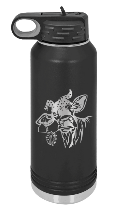 Cow With Bandana - 32oz Water Bottle Laser Engraved- Black
