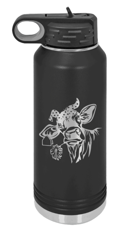 Cow With Bandana - 32oz Water Bottle Laser Engraved- Black