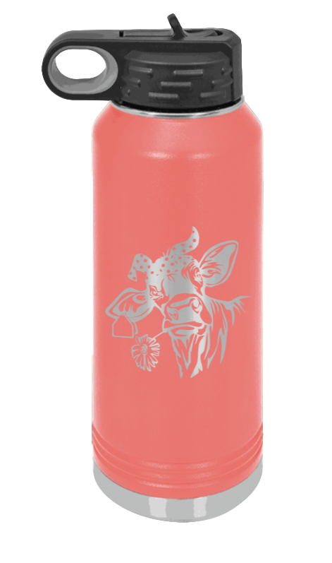 Cow With Bandana - 32oz Water Bottle Laser Engraved- Coral