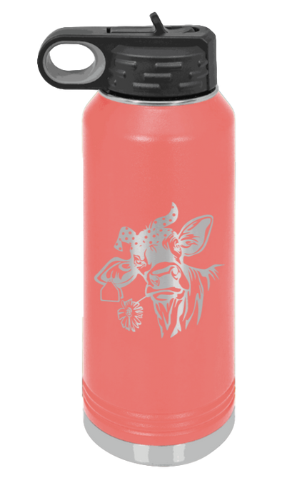Cow With Bandana - 32oz Water Bottle Laser Engraved- Coral