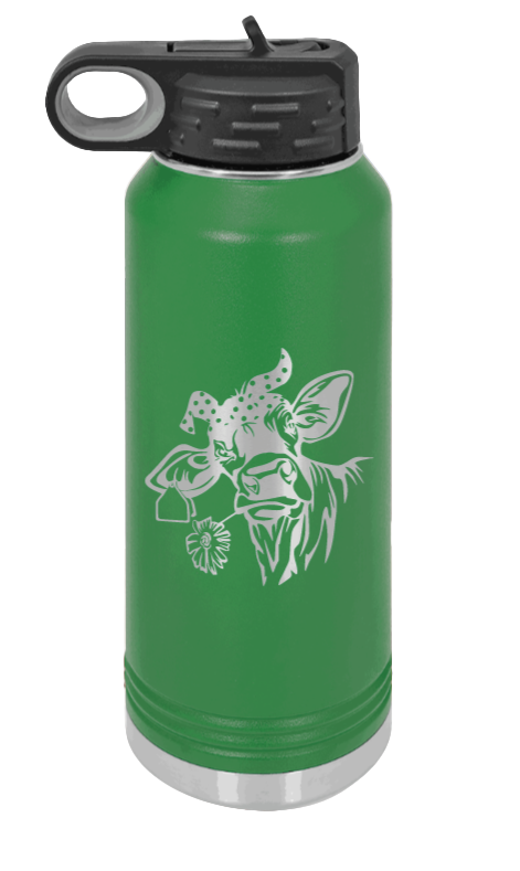 Cow With Bandana - 32oz Water Bottle Laser Engraved- Green