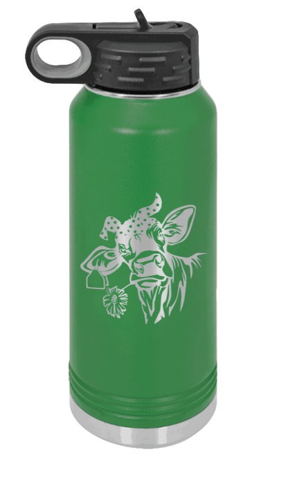 Cow With Bandana - 32oz Water Bottle Laser Engraved- Green