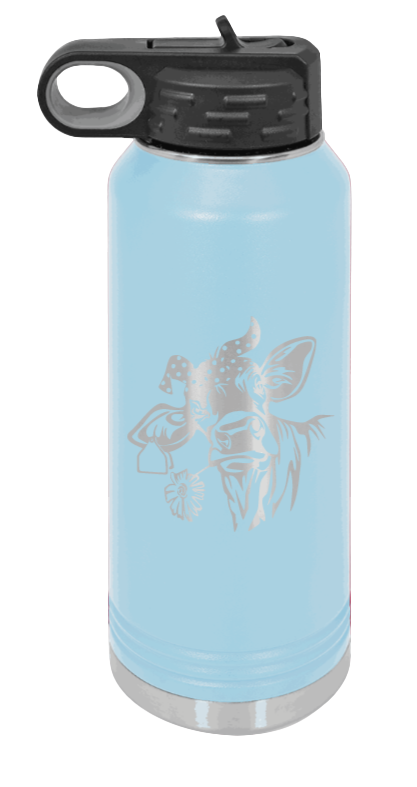 Cow With Bandana - 32oz Water Bottle Laser Engraved- Light Blue