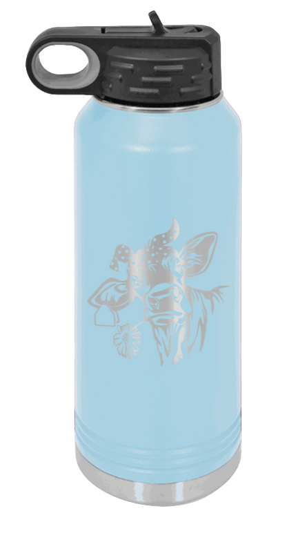 Cow With Bandana - 32oz Water Bottle Laser Engraved- Light Blue