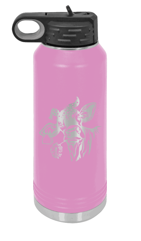 Cow With Bandana - 32oz Water Bottle Laser Engraved- Light Purple