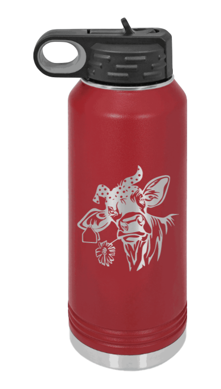 Cow With Bandana - 32oz Water Bottle Laser Engraved- Maroon