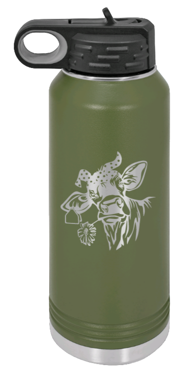 Cow With Bandana - 32oz Water Bottle Laser Engraved- Olive