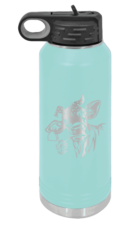 Cow With Bandana - 32oz Water Bottle Laser Engraved- Teal