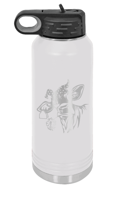 Cow With Bandana - 32oz Water Bottle Laser Engraved- White
