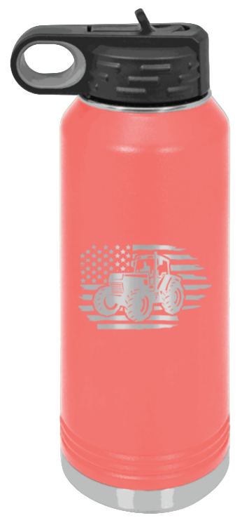 Tractor Flag  3 - 32oz Water Bottle Laser Engraved- Coral