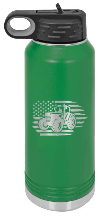 Tractor Flag  3 - 32oz Water Bottle Laser Engraved- Green