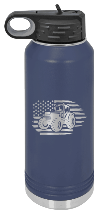 Tractor Flag  3 - 32oz Water Bottle Laser Engraved- Navy