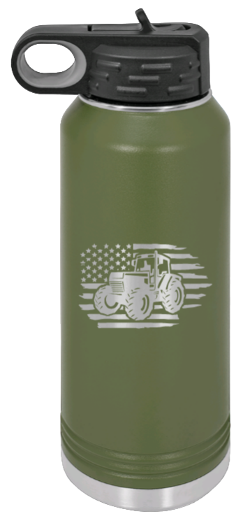 Tractor Flag  3 - 32oz Water Bottle Laser Engraved- Olive