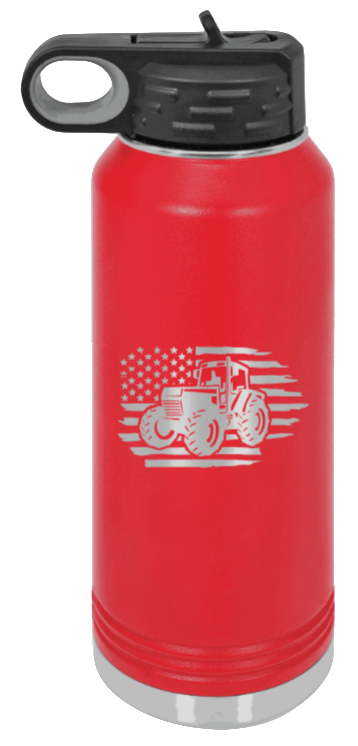 Tractor Flag  3 - 32oz Water Bottle Laser Engraved- Red