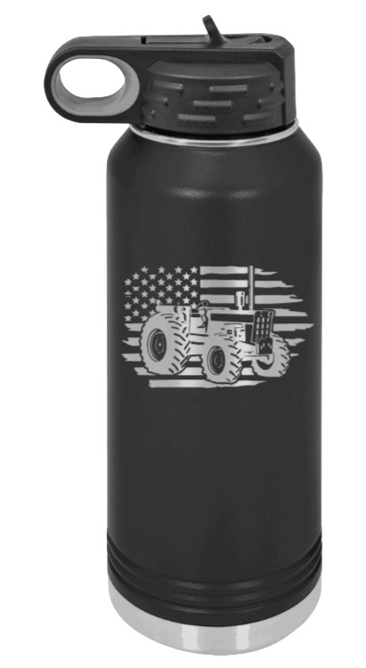Tractor Flag - 32oz Water Bottle Laser Engraved- Black