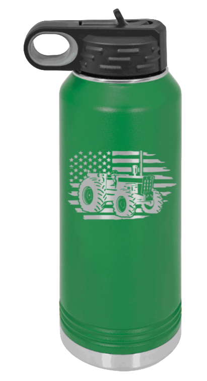 Tractor Flag - 32oz Water Bottle Laser Engraved- Green