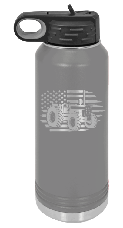 Tractor Flag - 32oz Water Bottle Laser Engraved- Dark Grey