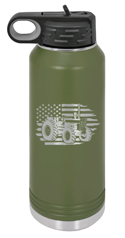 Tractor Flag - 32oz Water Bottle Laser Engraved- Olive