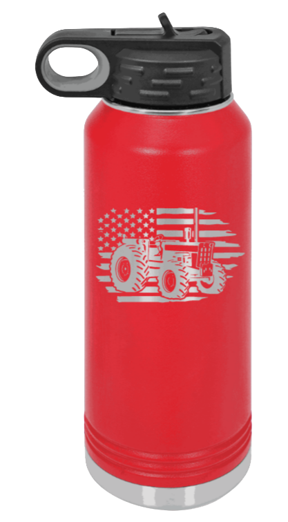 Tractor Flag - 32oz Water Bottle Laser Engraved- Red