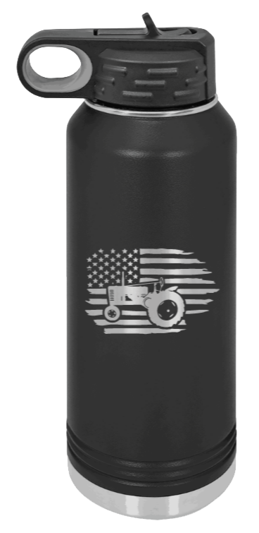 Tractor Flag 2 - 32oz Water Bottle Laser Engraved- Black