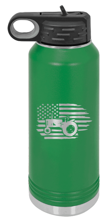 Tractor Flag 2 - 32oz Water Bottle Laser Engraved- Green