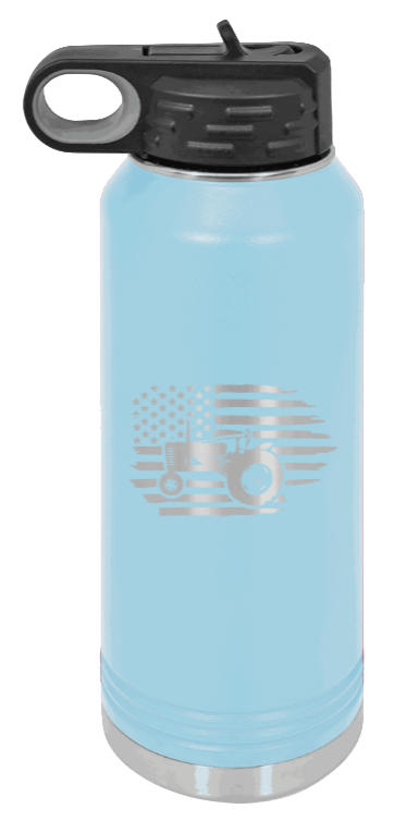 Tractor Flag 2 - 32oz Water Bottle Laser Engraved- Light Blue