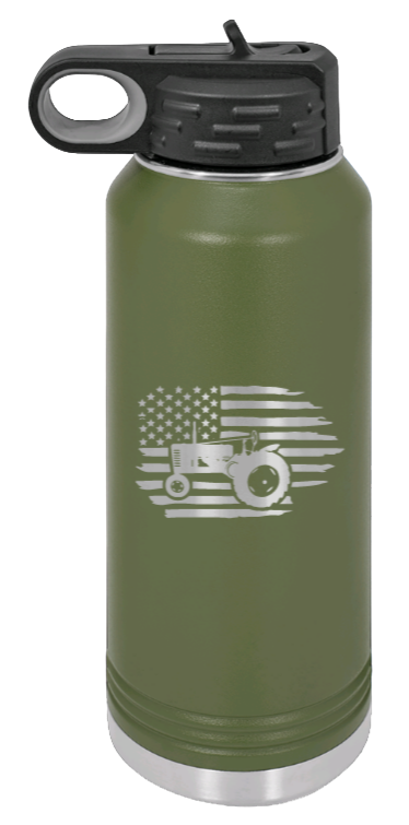Tractor Flag 2 - 32oz Water Bottle Laser Engraved- Olive