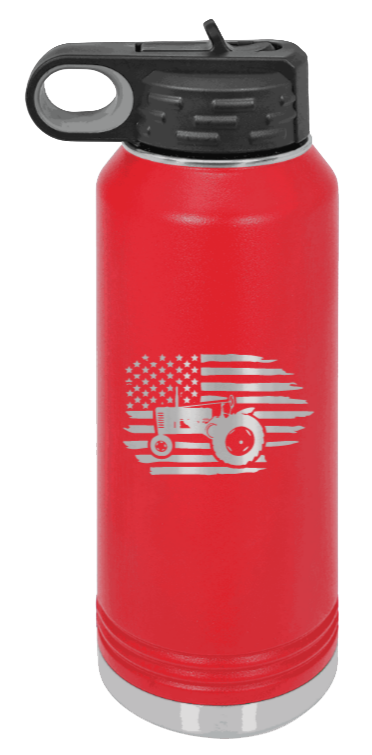 Tractor Flag 2 - 32oz Water Bottle Laser Engraved- Red