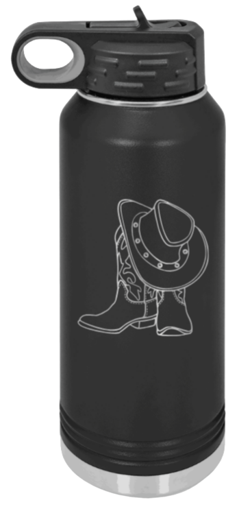 Cowboy Boots & Hat - 32oz Water Bottle Laser Engraved- Black