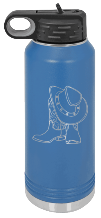 Cowboy Boots & Hat - 32oz Water Bottle Laser Engraved- Royal Blue