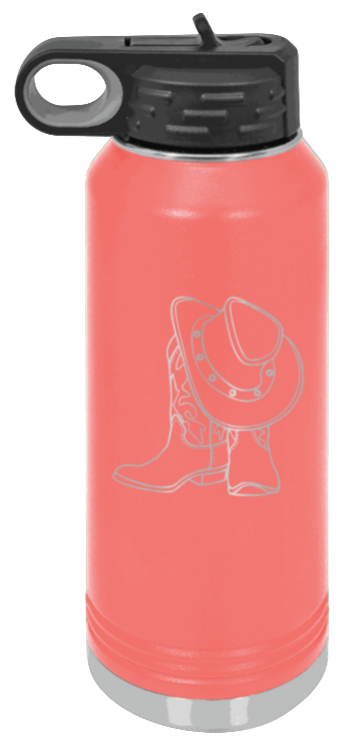 Cowboy Boots & Hat - 32oz Water Bottle Laser Engraved- Coral