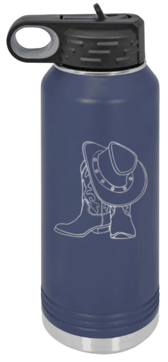 Cowboy Boots & Hat - 32oz Water Bottle Laser Engraved- Navy