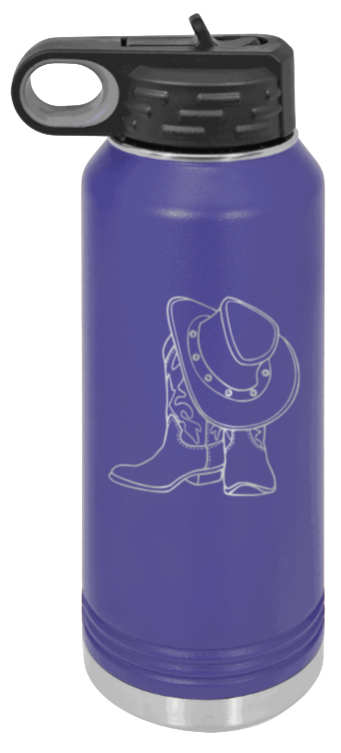 Cowboy Boots & Hat - 32oz Water Bottle Laser Engraved- Purple