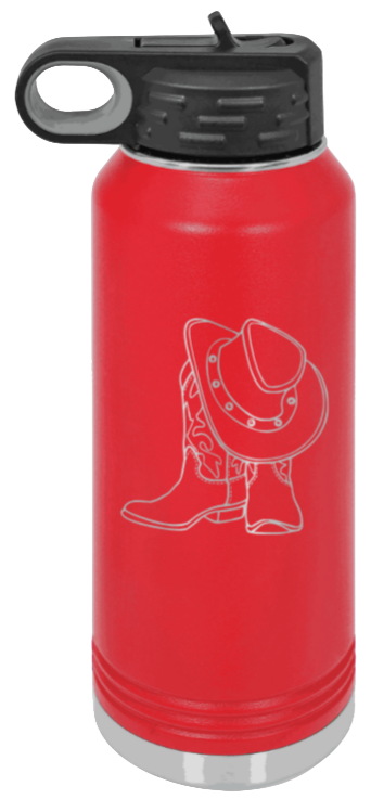 Cowboy Boots & Hat - 32oz Water Bottle Laser Engraved- Red