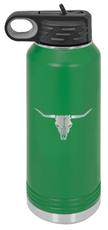 Cow Skull- 32oz Water Bottle Laser Engraved- Green
