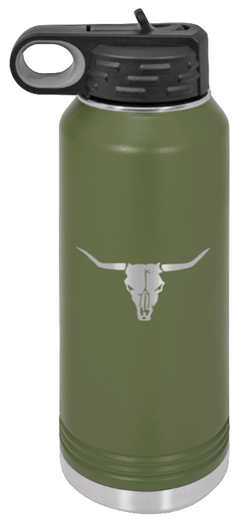 Cow Skull- 32oz Water Bottle Laser Engraved- Olive