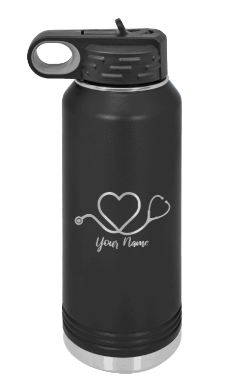 Stethoscope Heart with Name  - Customizable Laser Engraved Water Bottle (Etched)
